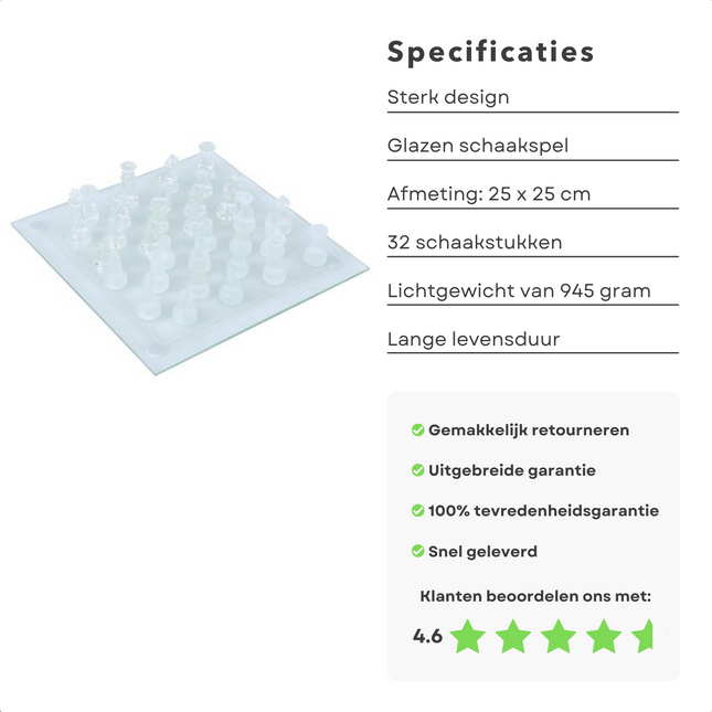 Cheqo® Luxe Glazen Schaakbord - Schaakspel - Schaakbord Glas - Schaakset - Inclusief 32 Schaakstukken - 25x25 cm Bordspellen