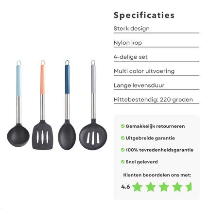 Cheqo® Luxe Keukengerei Set - Spatelset - Keuken Spatel - Kookgerei Set - Hittebestendig - Spatels - Met Bakspaan - Pollepel - Schuimspaan - Opscheplepel - 4 Stuks Keukengerei Set