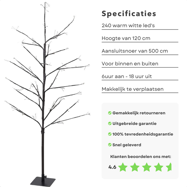 Cheqo® Lichtboom met Lichttakken - Led Boom - Lichttak - Verlichte Kerstboom Decoratie - Kerstbloesem voor Binnen - 120cm - 240LED - Met Timer Lichttakken