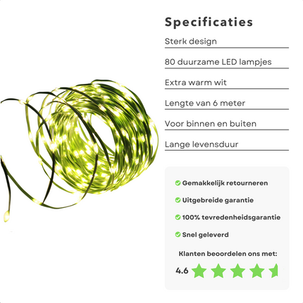 Cheqo® Draadverlichting - Kerstverlichting - Kerstlampjes - Kerstboomverlichting -  Lampjes Slinger - Lichtsnoer - LED Lampjes voor Binnen en Buiten - 80LED - Extra Warm Wit Lichtsnoer