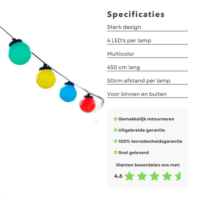 Cheqo® Lichtsnoer - Fairy Lights - Lichtslinger voor Binnen en Buiten - Kerst Verlichting - Tuinverlichting - Feestverlichting - Multicolor - 10 LED Bolletjes - 5 Meter Lichtsnoeren