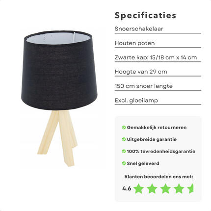 Cheqo® Luxe Tafellamp met Houten Poten - Bedlamp - Lamp - Sfeerverlichting - Ronde Kap - ø18cm - 29cm Hoog - Adapter - Zwarte Kap Tafellamp