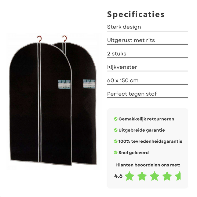 Cheqo® Kledinghoezen met Rits - Kledinghoes - Kleding Beschermer - Met Kijkvenster - Reis Accessoire - 60x150cm - 2 stuks Kledinghoezen