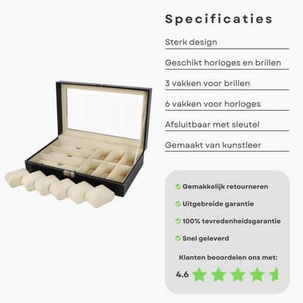 Cheqo® Luxe Horlogedoos - Horloge Etui - Opbergdoos voor 6 Horloges en 3 Brillen - Brillendoos Horlogebox
