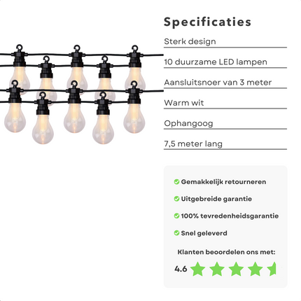 Cheqo® Lichtsnoer - Fairy Lights - Lichtslinger voor Binnen en Buiten - Kerst Verlichting - Tuinverlichting - Feestverlichting - Warm Wit - 10 LED Reflector Bolletjes - 7.5 Meter Lichtsnoeren