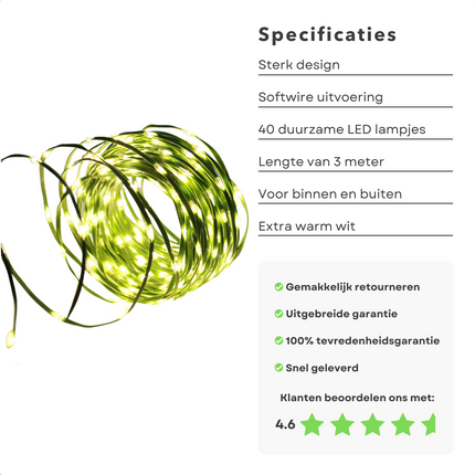 Cheqo® Draadverlichting - Kerstverlichting - Kerstlampjes - Kerstboomverlichting -  Lampjes Slinger - Lichtsnoer - LED Lampjes voor Binnen en Buiten - 40LED - Extra Warm Wit Lichtsnoer