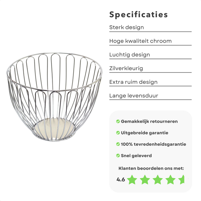 Cheqo® Fruitschaal - Fruitmand - Fruit Opbergmand - Voor lang houdbaar Fruit - Chroom - Ø23.7 cm Fruitschaal