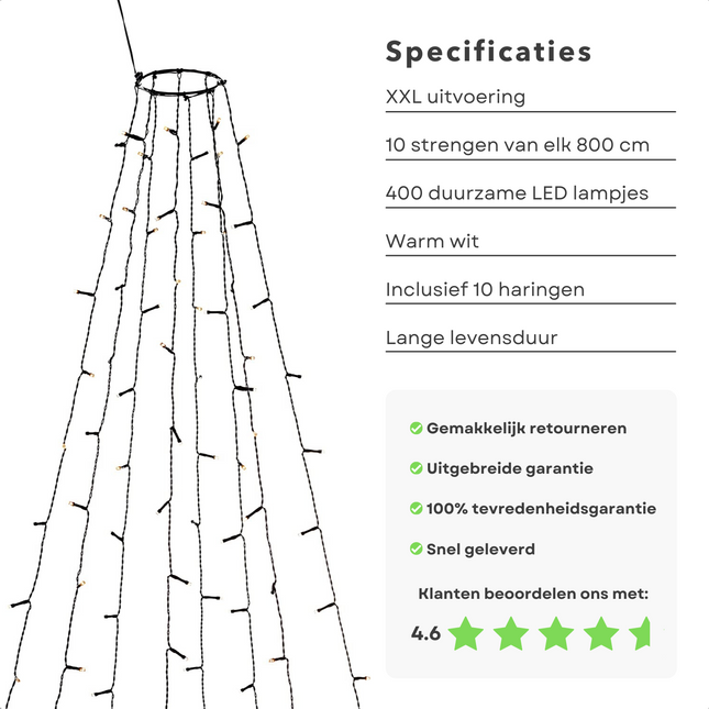 Cheqo® Vlaggenmast Verlichting - Lichtketting Vlaggenmast - Kerstverlichting - Kerstboom Verlichting - 400 LED's - 8 Meter - Met Haringen Vlaggenmast Verlichting