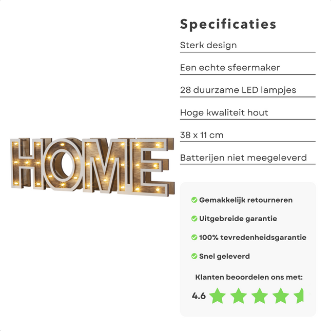 Cheqo® Sierletters Home - Woondecoratie - Houten Letter - Woonkamer - 28 LED - Warm Wit Sierletters