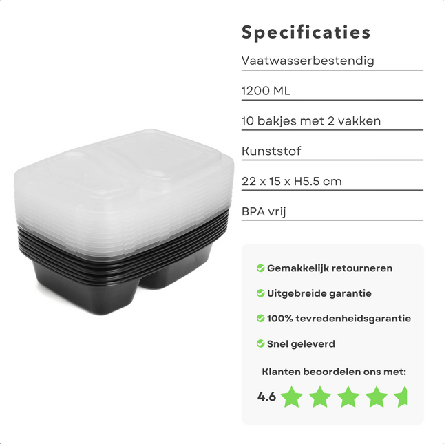 Cheqo® Vershoudbakjes Herbruikbaar - Mealprep Bakje - Meal Prep Bakjes - Diepvriesbakjes - Lunchbox - Vershouddoos - Plastic Bakjes - Magnetron Bakjes - Voedselcontainer - 10 Stuks met 2 Compartimenten Meal Prep Bakjes