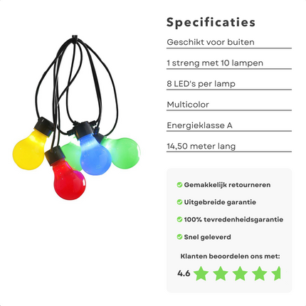 Cheqo® Multicolor Lichtsnoer - Sfeerverlichting - Lampjes Slinger - Lichtslinger Voor Binnen en Buiten - 80 LED - 14.50 Meter - Energiezuinig Lichtsnoeren