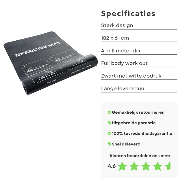 Cheqo® Fitnessmat met Oefeningen - Fitness Oefeningen - Exercise Mat - Trainingsmat met 12 Oefeningen - Sportmat - Yogamat - 182x61cm Fitnessmat