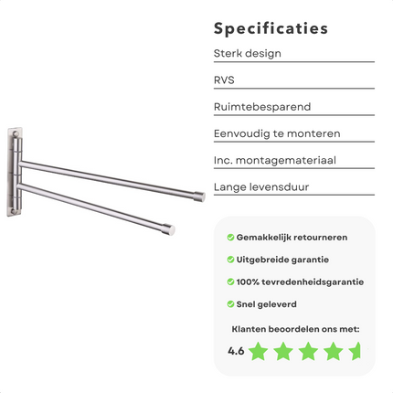 Cheqo® Handdoekhouder -Handdoekstang - Handdoekenrek - RVS - Voor Badkamer of Keukenwand - 2 Stangen Handdoekhouder
