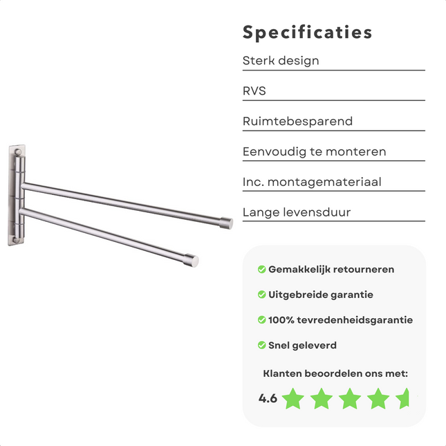 Cheqo® Handdoekhouder -Handdoekstang - Handdoekenrek - RVS - Voor Badkamer of Keukenwand - 2 Stangen Handdoekhouder