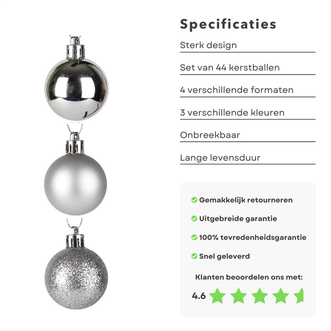 Cheqo® XL Kerstballen Set - Zilveren Kerstballenset - 44 Stuks - Onbreekbaar Plastic - Zilver Kerstballen