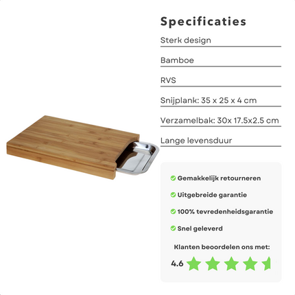Cheqo® Snijplank met Opvangbak voor Snijafval - Snijplank Bamboe - 1 RVS Lade - Uitschuifbaar - Snijplank met Afvalbak - 35x25x4cm Snijplank