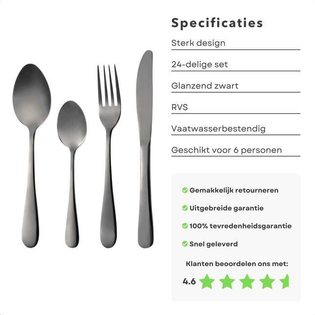 Cheqo® Luxe RVS Bestekset - Zwart Glans - 24 Delig - Bestek - Lepels - Messen - Vorken - Voor 6 Personen Bestekset