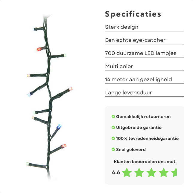 Cheqo® Kerstboomverlichting - Clusterverlichting - Kerstlampjes - Led Verlichting - Kerstverlichting voor Binnen en Buiten  - 700 LED - 14 Meter - Multicolor Clusterverlichting