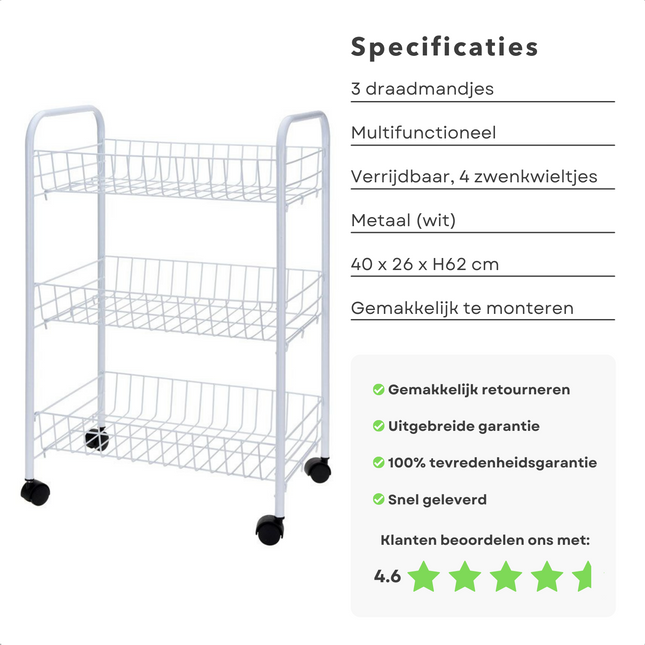 Cheqo® Keukentrolley - Opbergrek Verrijdbaar - Rolwagen - Keukenrek - Trolley - Voor Badkamer of Keuken - Wit met 3 Manden - 40x26xH62cm Keukentrolley