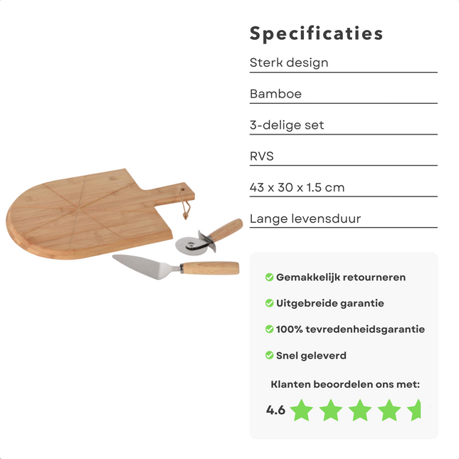 Cheqo® Pizza Snijplank - Pizza Set - Pizza Serveerset - Met Pizzasnijder en Spatel - Pizza Snijder - RVS - Duurzaam Bamboe - 43x30x1.5cm Snijplank