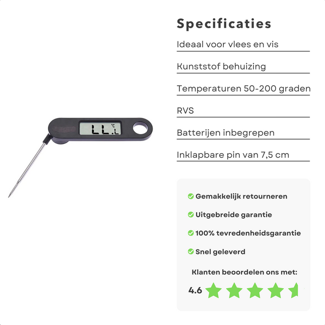 Cheqo® Vleesthermometer - Keukenthermometer - Kernthermometer - Oventhermometer - Vleesthermometer Digitaal - Vlees Thermometer - BBQ Thermometer - RVS - Met Batterij - Betrouwbaar Vleesthermometer