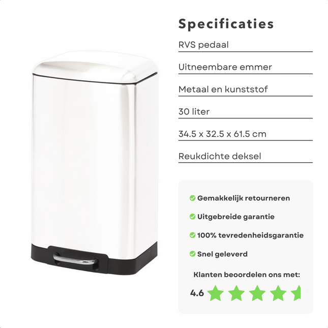 Cheqo® Prullenbak - Pedaalemmer - Afvalbak - Afvalemmer - 30 Liter - Metaal - Wit - 34.5x32.5x61.5cm Pedaalemmer
