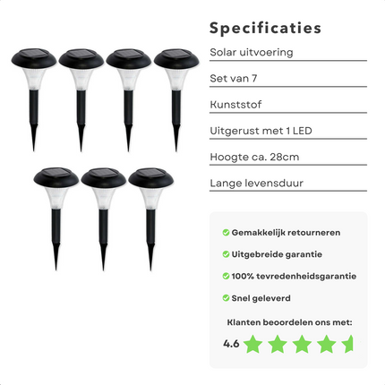 Cheqo® LED Grondspot - Waterdicht - Buitenverlichting - Buitenlamp - Padverlichting - Solar Tuinspot - Tuinverlichting met Zonnepaneel - Solarlamp - 28cm - 7 Stuks Grondspot