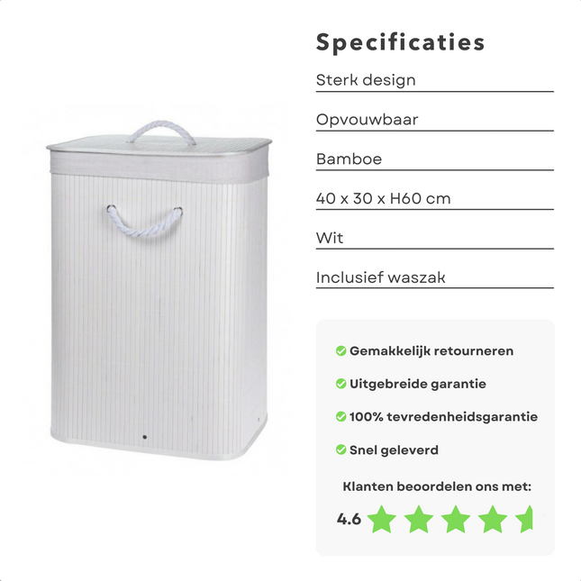 Cheqo® Opvouwbare Wasmand - Opbergmand - Linnenmand - Wasbox - Wassorteerder - Laundry Basket - Wasmand Opvouwbaar - Bamboe Wit - 40x30xH60cm wasmand