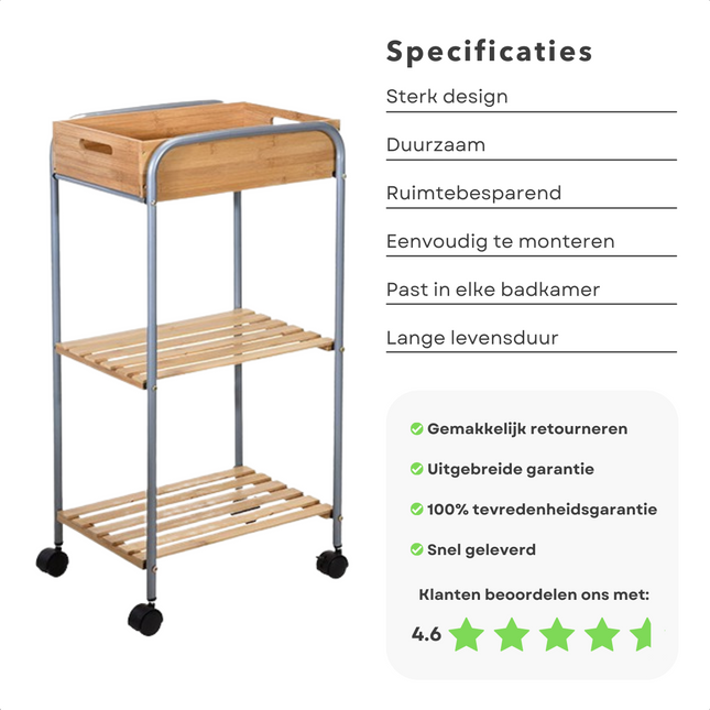 Cheqo® Verrijdbare Badkamertrolley - Badkamerkast - Badkamerplank - Badkamerrek met Legplanken - Badkamermeubel met Wieltjes - Trolley Badkamerkast