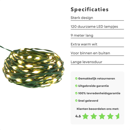 Cheqo® Draadverlichting - Kerstverlichting - Kerstlampjes - Kerstboomverlichting -  Lampjes Slinger - Lichtsnoer - LED Lampjes voor Binnen en Buiten - 9 Meter - 120 LED - Extra Warm Wit Kerstboomverlichting