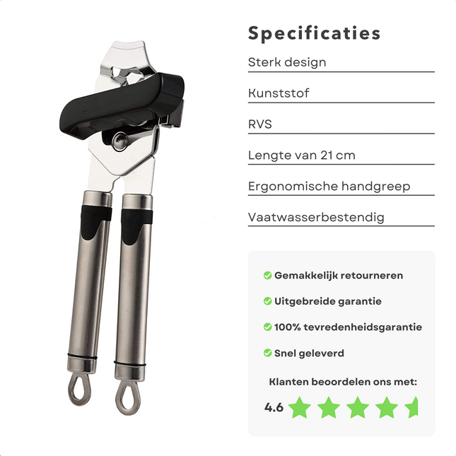 Cheqo® RVS Blikopener - Potopener - Hand Blik Opener - 20cm - Vaatwasserbestendig Blikopener