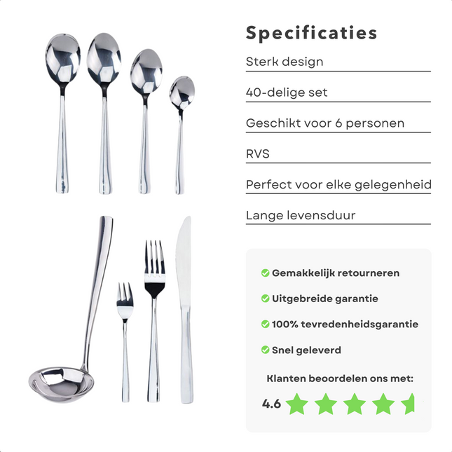 Cheqo® Luxe RVS Bestekset - Zilverkleurig - 40 Delig - Bestek - Lepels - Messen - Vorken - Voor 6 Personen Bestekset
