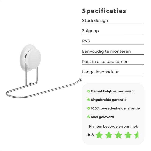 Cheqo® Handdoekhouder - Handdoekrek - Handdoek Houder met Zuignap - Tot 5kg Handdoekhouder