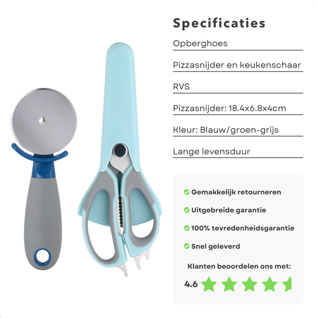 Cheqo® Pizzasnijder en Keukenschaar Set - Schaar - Pizzames - Pizzaroller - Pizza Snijder - RVS - Inclusief Hoes - 2 Stuks Keukengerei Set