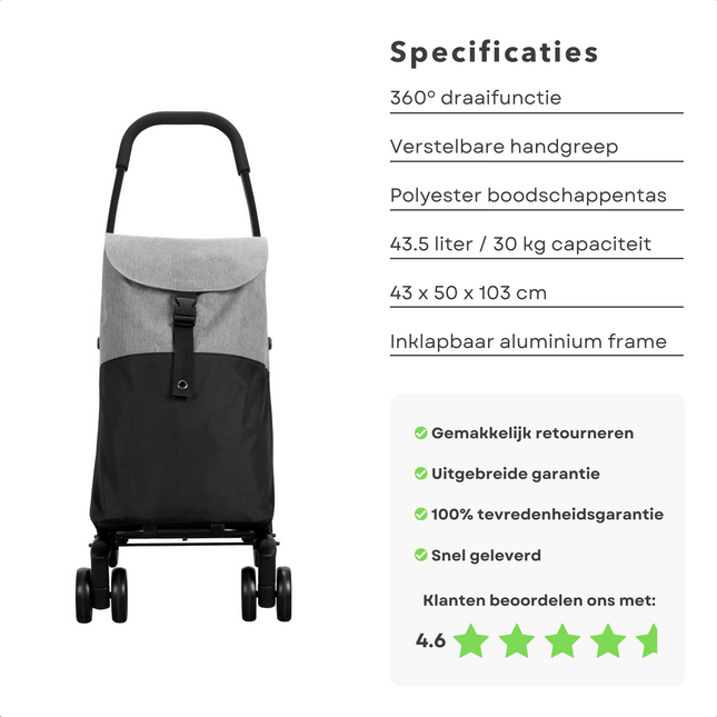 Cheqo® Boodschappentrolley met Wielen - Boodschappenkar - Trolley - Uitneembare Tas - Afneembare Boodschappentas - 43.5 Liter - 43x50x103cm - Grijs Zwart Boodschappentrolleys