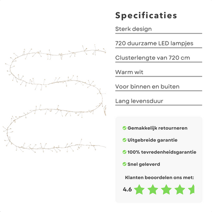 Cheqo® Kerstboomverlichting - Zilverdraad Clusterverlichting - Kerstlampjes - Led Verlichting - Kerstverlichting voor Binnen en Buiten - 720 LED - 5 Meter - Warm Wit Clusterverlichting