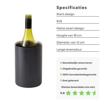 Cheqo® Luxe Zwarte Wijnkoeler - Zwart - RVS - Fleshouder - Drankkoeler - Dubbelwandig Wijnkoeler