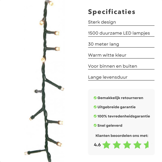 Cheqo® Kerstboomverlichting - Micro Clusterverlichting - Kerstlampjes - Led Verlichting - Kerstverlichting voor Binnen en Buiten - 1500 LED's - 30 Meter - Warm Wit Clusterverlichting