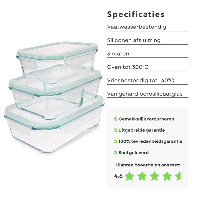 Cheqo® Stevige Glazen - Vershoudbakjes - Meal Prep Bakjes - Lunchbox - Diepvriesbakjes - Vershouddoos - Magnetron Bakjes met Deksel - Geschikt voor Oven en Magnetron - Glas - 3 Stuks Vershoudbakjes