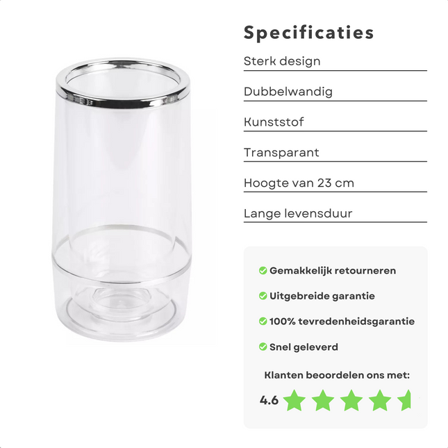 Cheqo® Transparante Wijnkoeler - Fleskoeler - Wijnfleshouder - Dubbelwandig - Kunststof - Luxe Wijnkoeler