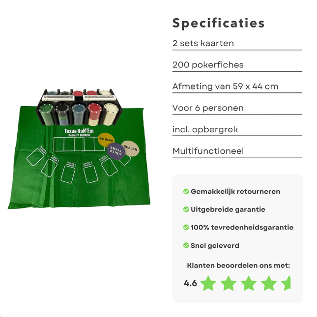 Cheqo® Pokerset met 200 Pokerchips - Met Speelkaarten - Pokertafel - Pokermat - Dealer Chips - Voor 6 Spelers - 60x44cm Pokerset