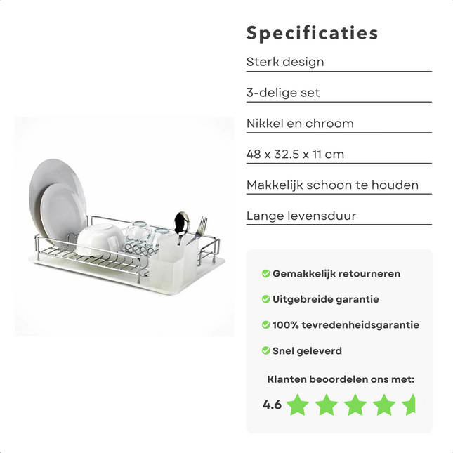 Cheqo® Afdruiprek met Lekbak - Inclusief Bestekbak - Afwas - Afdruip Rek - 48x32.5x11cm Afdruiprek