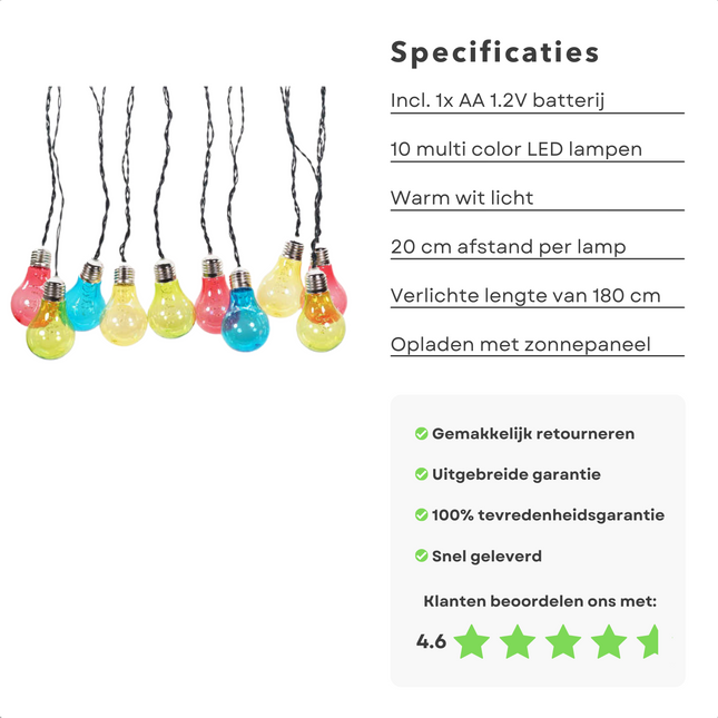 Cheqo® Solar Lichtsnoer - Fairy Lights - Lichtslinger voor Binnen en Buiten - Kerst Verlichting - Tuinverlichting - Feestverlichting Zonne Energie - Solar Buitenverlichting - Solar Tuinverlichting - Multicolor - 10 LED Bolletjes - 4 Meter Lichtsnoeren