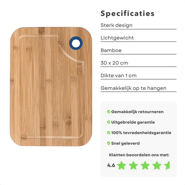 Cheqo® Stevige Bamboe Snijplank - Serveerplank - Met Ophangoog - Duurzaam - 30x20 cm Snijplank