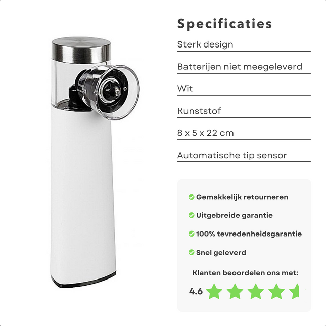 Cheqo® Elektrische Peper & Zoutmolen - Peper en Zoutmolen Set - Elektrisch - Zout Pepermolen op Batterijen - Kruidenmolen - Wit Peper- & Zoutstellen