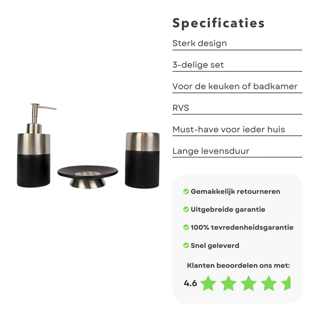 Cheqo® RVS Badset - Zeepdispenser - Wattenschijfjeshouder - Tandenborstelhouder - Zeepbakje - 3 Delig - Zwart Badset