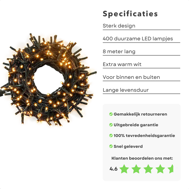 Cheqo® Kerstboomverlichting - Clusterverlichting - Kerstlampjes - Led Verlichting - Kerstverlichting voor Binnen en Buiten - 400 LED - 8 Meter - Extra Warm Wit Clusterverlichting