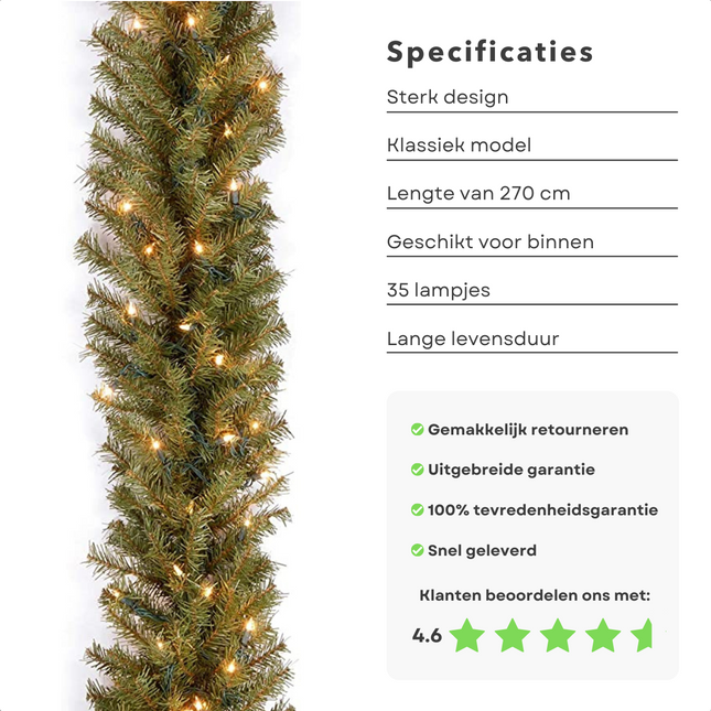 Cheqo® XL Guirlande met Kerstverlichting - Kerstlampjes - Kerstslinger - Warm Wit - 270cm - 35 LED Guirlande