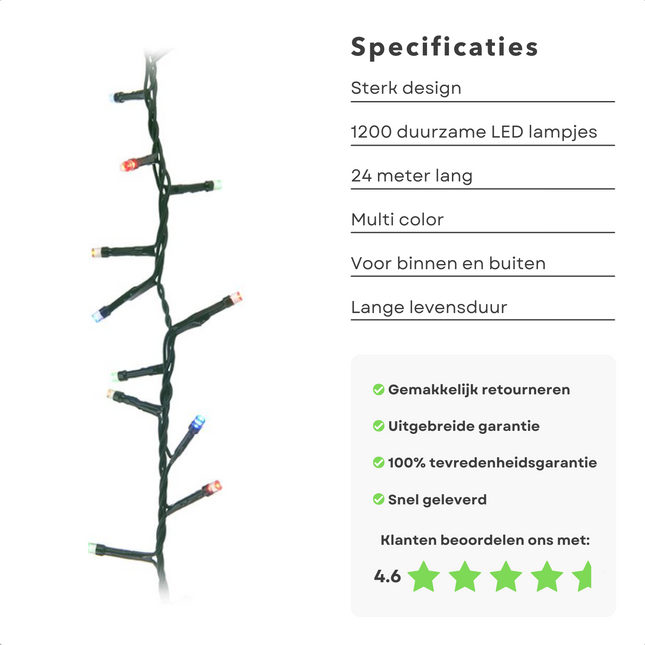 Cheqo® Kerstboomverlichting - Clusterverlichting - Kerstlampjes - Led Verlichting - Kerstverlichting voor Binnen en Buiten  - 1200 LED - 24 Meter - Multicolor Clusterverlichting