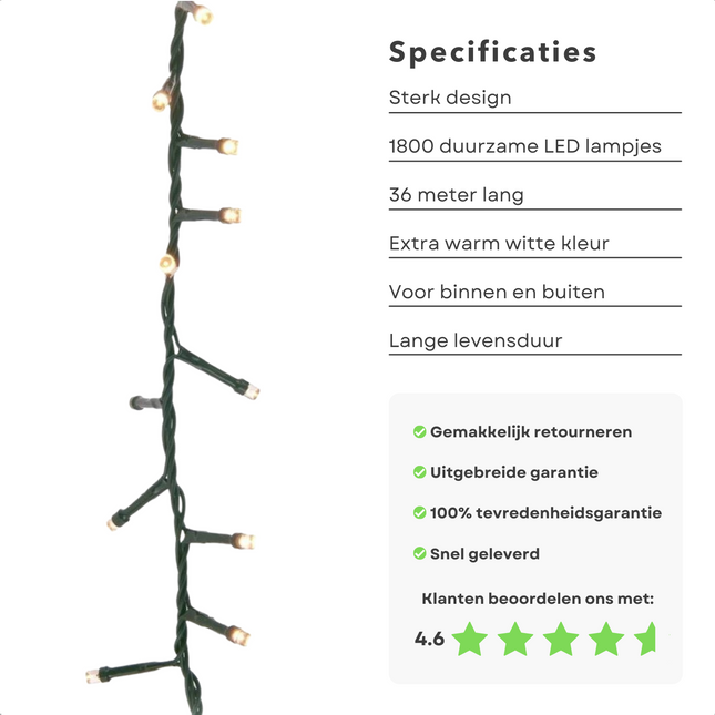 Cheqo® Kerstboomverlichting - Clusterverlichting - Kerstlampjes - Led Verlichting - Kerstverlichting voor Binnen en Buiten - 1800 LED - 8 Meter - 8 Lichtfuncties - Extra Warm Wit Clusterverlichting